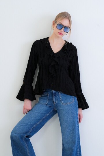 V Yaka Volanlı İspanyol Kol Fırfır Bluz