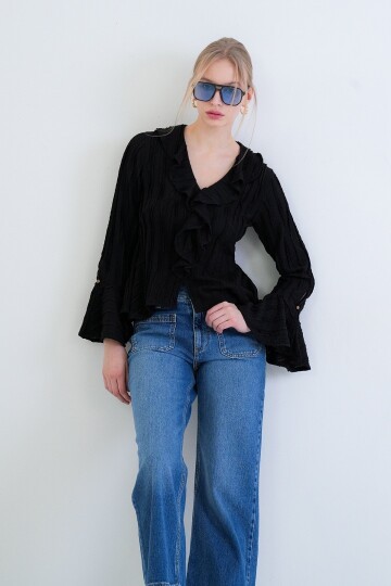 V Yaka Volanlı İspanyol Kol Fırfır Bluz