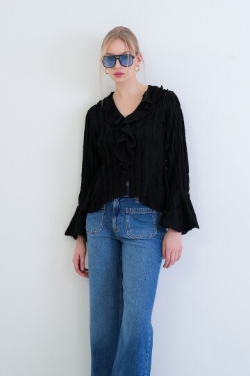 V Yaka Volanlı İspanyol Kol Fırfır Bluz