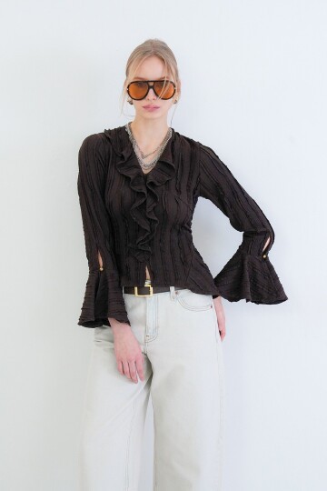 V Yaka Volanlı İspanyol Kol Fırfır Bluz