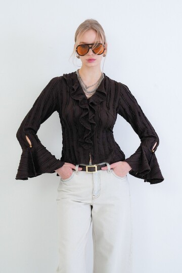 V Yaka Volanlı İspanyol Kol Fırfır Bluz