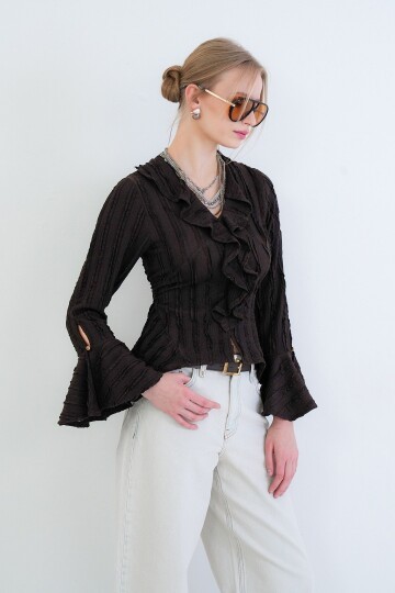 V Yaka Volanlı İspanyol Kol Fırfır Bluz