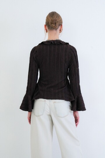 V Yaka Volanlı İspanyol Kol Fırfır Bluz