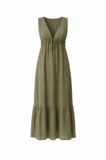 Vizon V Yaka Fırfır Detaylı Astarlı Müslin Elbise