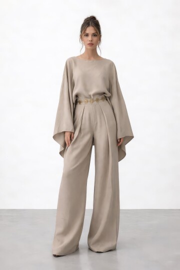 Yarasa Kol Bisiklet Yaka Bel Bol Paça Takım