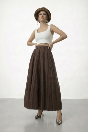 Yüksek Bel Pileli Midi Etek