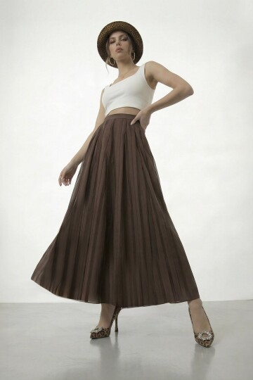 Yüksek Bel Pileli Midi Etek