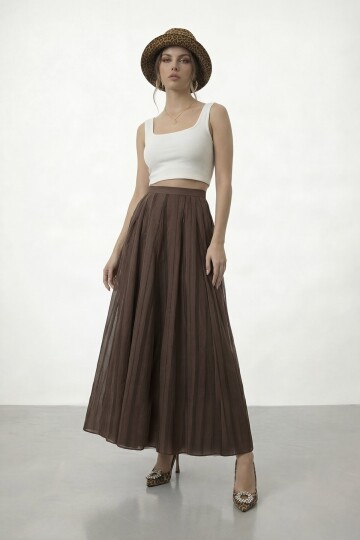 Yüksek Bel Pileli Midi Etek