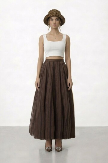 Yüksek Bel Pileli Midi Etek