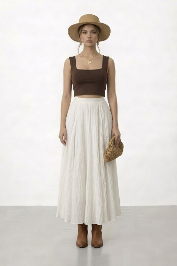 Yüksek Bel Pileli Midi Etek