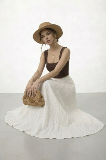 Yüksek Bel Pileli Midi Etek