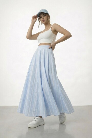 Yüksek Bel Pileli Midi Etek