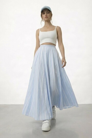 Yüksek Bel Pileli Midi Etek