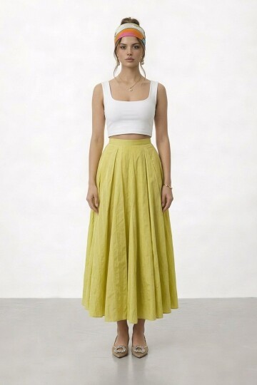 Yüksek Bel Pileli Midi Etek