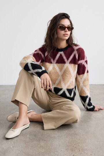 Baklava Desenli Oversize Triko Kazak