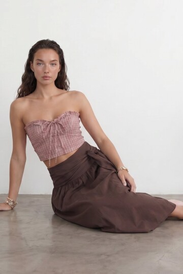 Beli Bağlamalı Fermuarlı İçi Astarlı Midi Poplin Etek