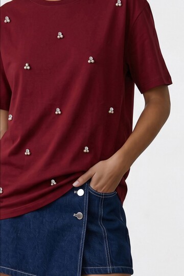 Bisiklet Yaka Oversize İnci Ve Taş İşlemeli T-Shirt