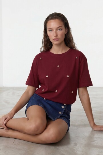 Bisiklet Yaka Oversize İnci Ve Taş İşlemeli T-Shirt