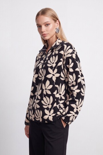 Botanik Desenli Yarım Fermuarlı Sweatshirt