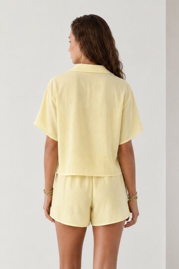 Ceket Yaka Oversize Keten Gömlek Ve Bağlamalı Şort Etek Takım