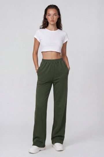 Çift Cepli Lastikli Yanları Şeritli Wide Leg Pantolon