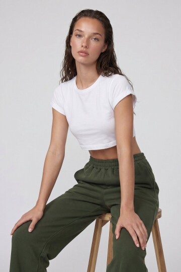 Çift Cepli Lastikli Yanları Şeritli Wide Leg Pantolon