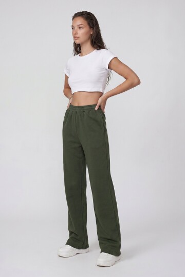 Çift Cepli Lastikli Yanları Şeritli Wide Leg Pantolon