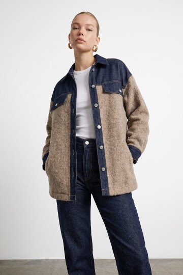 Denim Garnili Buklet Ceket