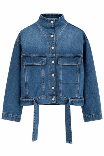 Dik Yaka Kuşaklı Denim Ceket