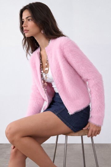 Fermuarlı Peluş Kısa Ceket