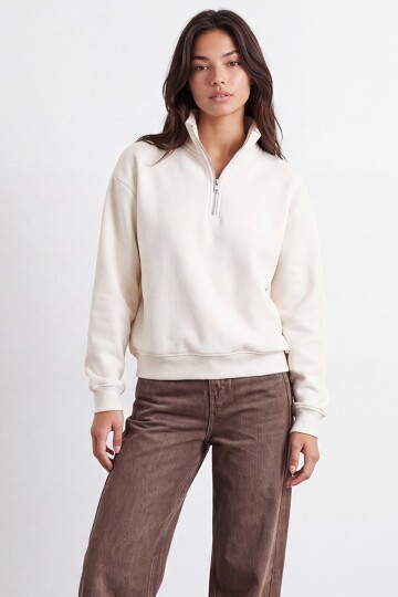 Fermuarlı Şardonlu Oversize Sweatshirt