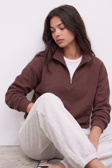 Fermuarlı Şardonlu Oversize Sweatshirt