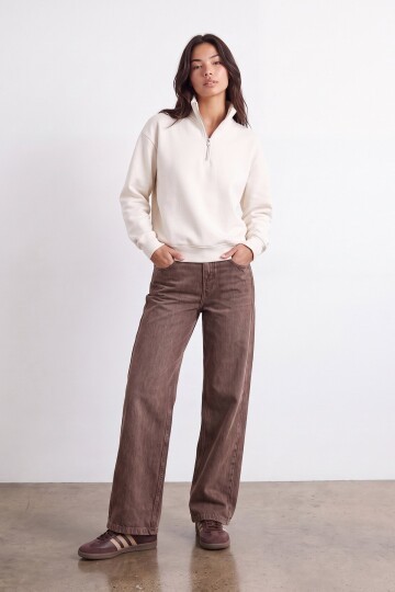 Fermuarlı Şardonlu Oversize Sweatshirt