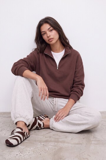 Fermuarlı Şardonlu Oversize Sweatshirt