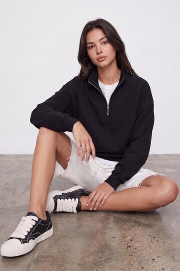 Fermuarlı Şardonlu Oversize Sweatshirt