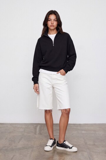 Fermuarlı Şardonlu Oversize Sweatshirt