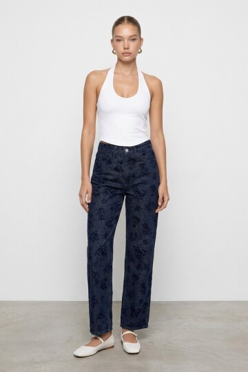 Flok Baskılı Düz Kesim Denim Pantolon
