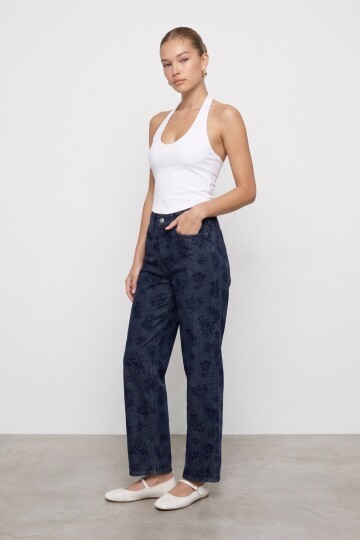 Flok Baskılı Düz Kesim Denim Pantolon