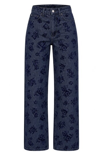 Flok Baskılı Düz Kesim Denim Pantolon