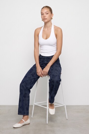 Flok Baskılı Düz Kesim Denim Pantolon