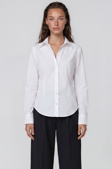 Gold İnci Düğme Detaylı Pensli Slim Fit Poplin Gömlek