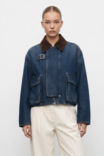 Kadife Yaka Torba Cepli Denim Ceket