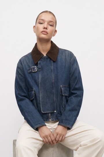 Kadife Yaka Torba Cepli Denim Ceket