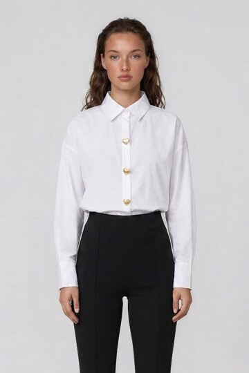 Kalp Düğmeli Oversize Poplin Gömlek