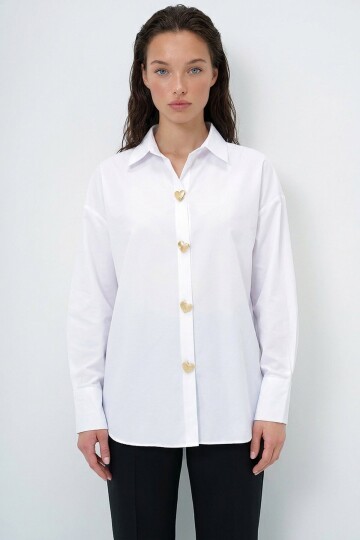 Kalp Düğmeli Oversize Poplin Gömlek