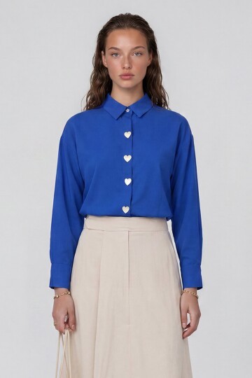 Kalp Düğmeli Oversize Poplin Gömlek