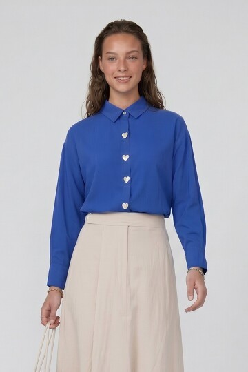 Kalp Düğmeli Oversize Poplin Gömlek