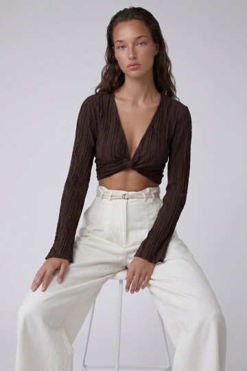 Kruvaze Yaka İspanyol Kol Crop Bluz