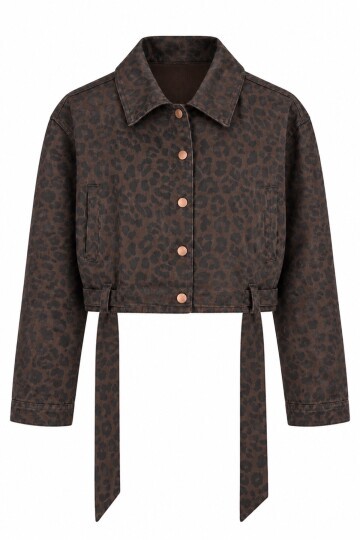 Leopar Desenli Kuşaklı Crop Ceket