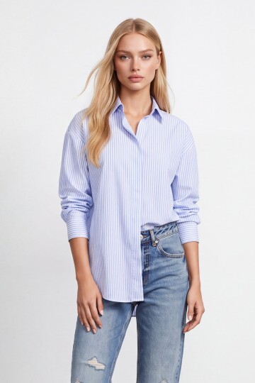 Mavi Oval Kesim Çizgili Oversize Gömlek